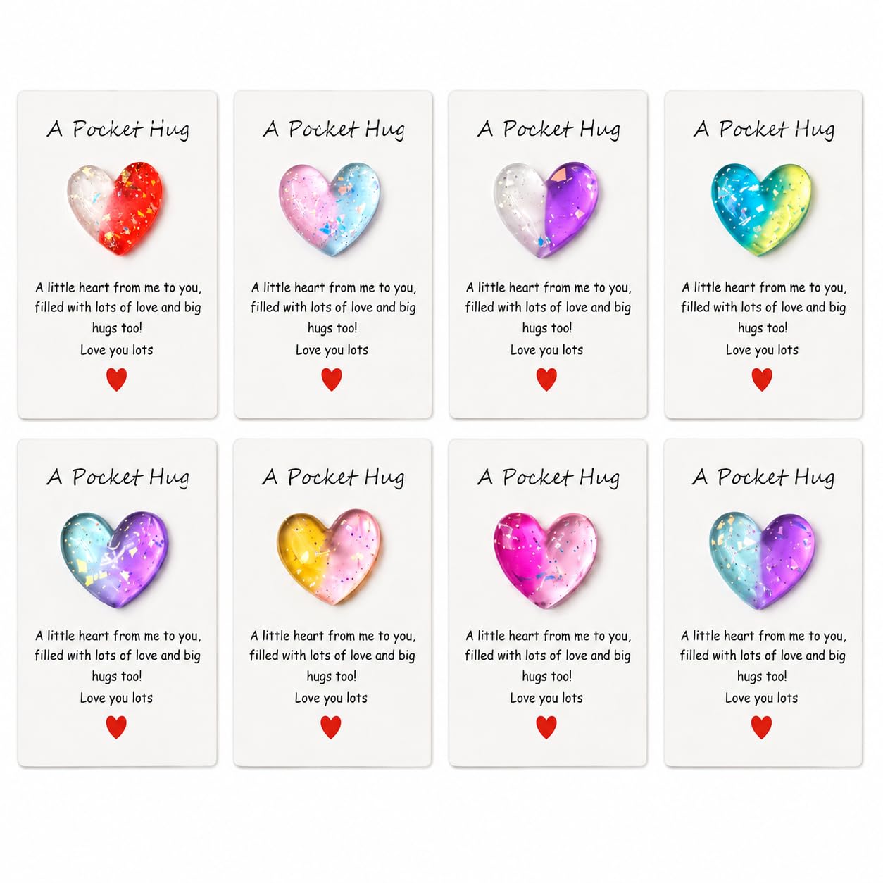 8 PCS Pocket Hug Cards for Friends Family, Resin Glitter Heart Tokens with Thinking of You Greeting Cards, Miss You Good Luck Encouragement Gifts, Christmas Party Favors, Multicolor Heart Keepsakes