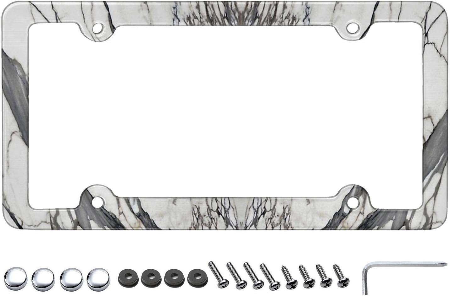 White Marble Ink Aluminum License Plate Frame with Screw