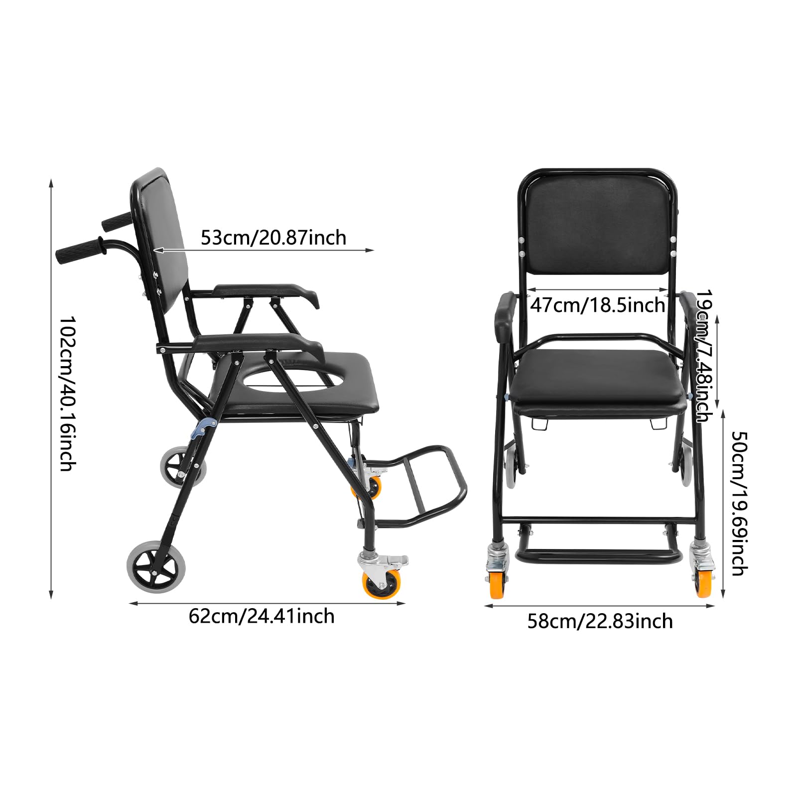 Silla de ducha plegable de acero negro con cubo y ruedas para personas mayores, cuidado en casa