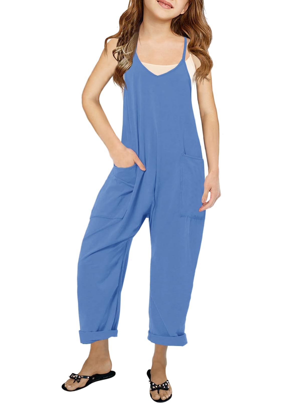 CnkweiGirls' Casual Sleeveless Jumpsuits Spaghetti Strap Loose Romper Long Pants with Pockets