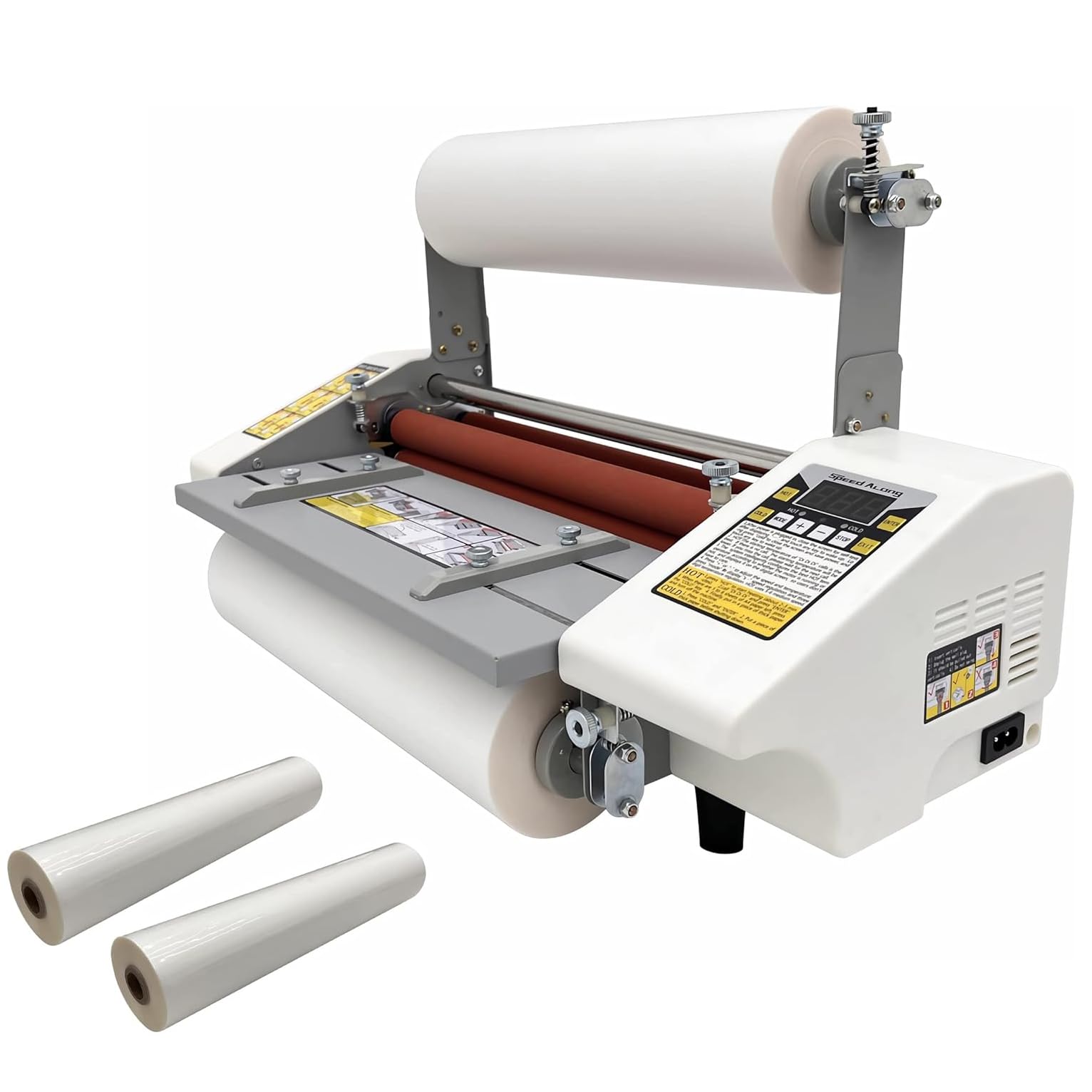 Macchina Laminatrice Doppia A4 con 2 Rulli di Pellicola, Fogli Laminanti Termici a Caldo e a Freddo Larghezza 220mm, Velocità Regolabile 0,3~3M/min, 0~180°C, Spessore 0,1~5Mm per Ufficio e Scuola