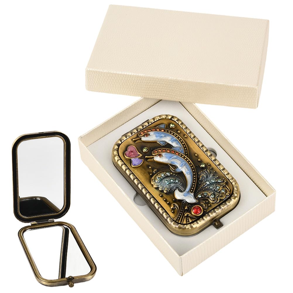 Miroir de maquillage vintage compact double face avec loupe normale mini vanité pour femme