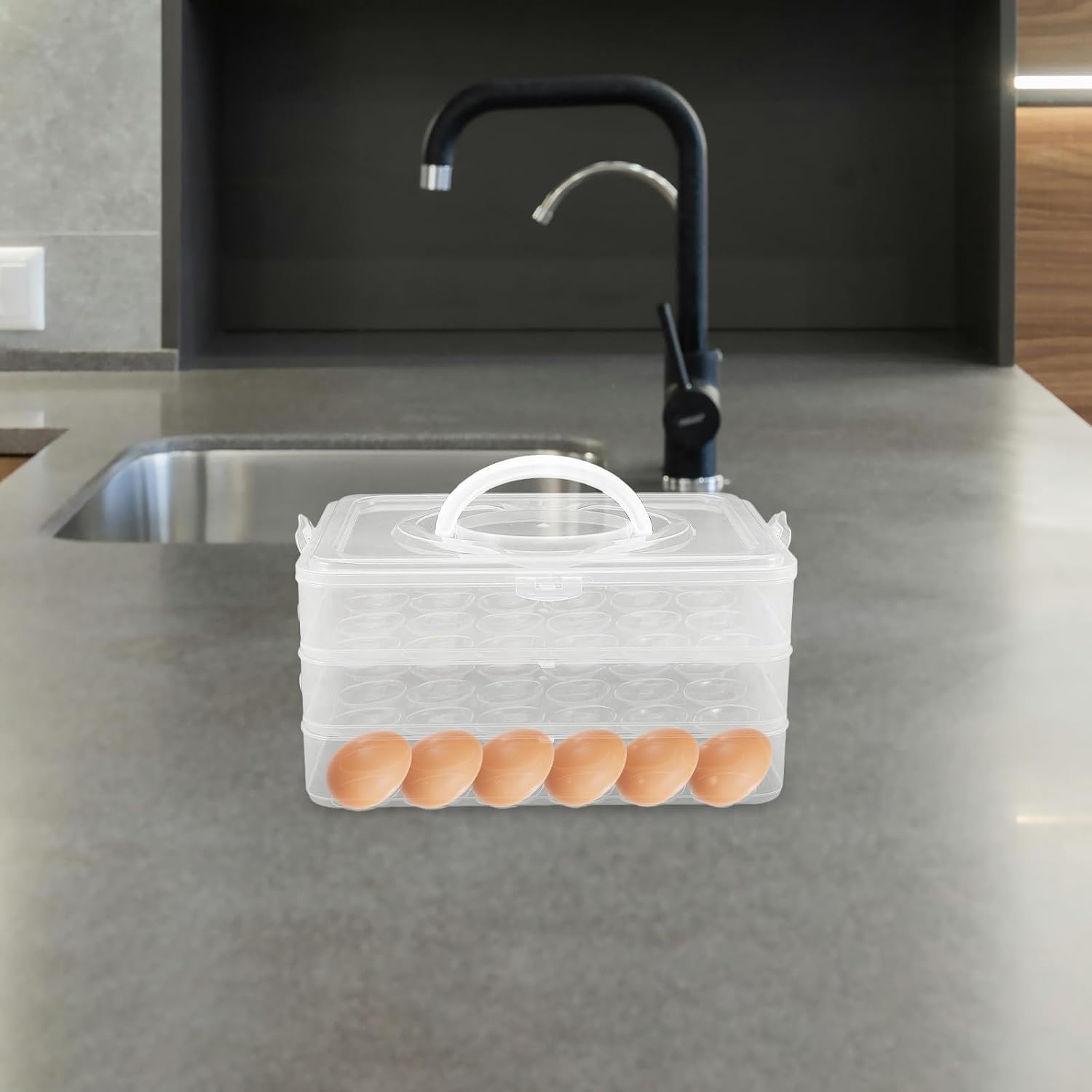 72-egg Storage Box with Lid, 3-tier Stackable Plastic Egg Holder for Refrigerator, Portable Egg Carrier with Handle for Kitchen, Camping, and Festive Use