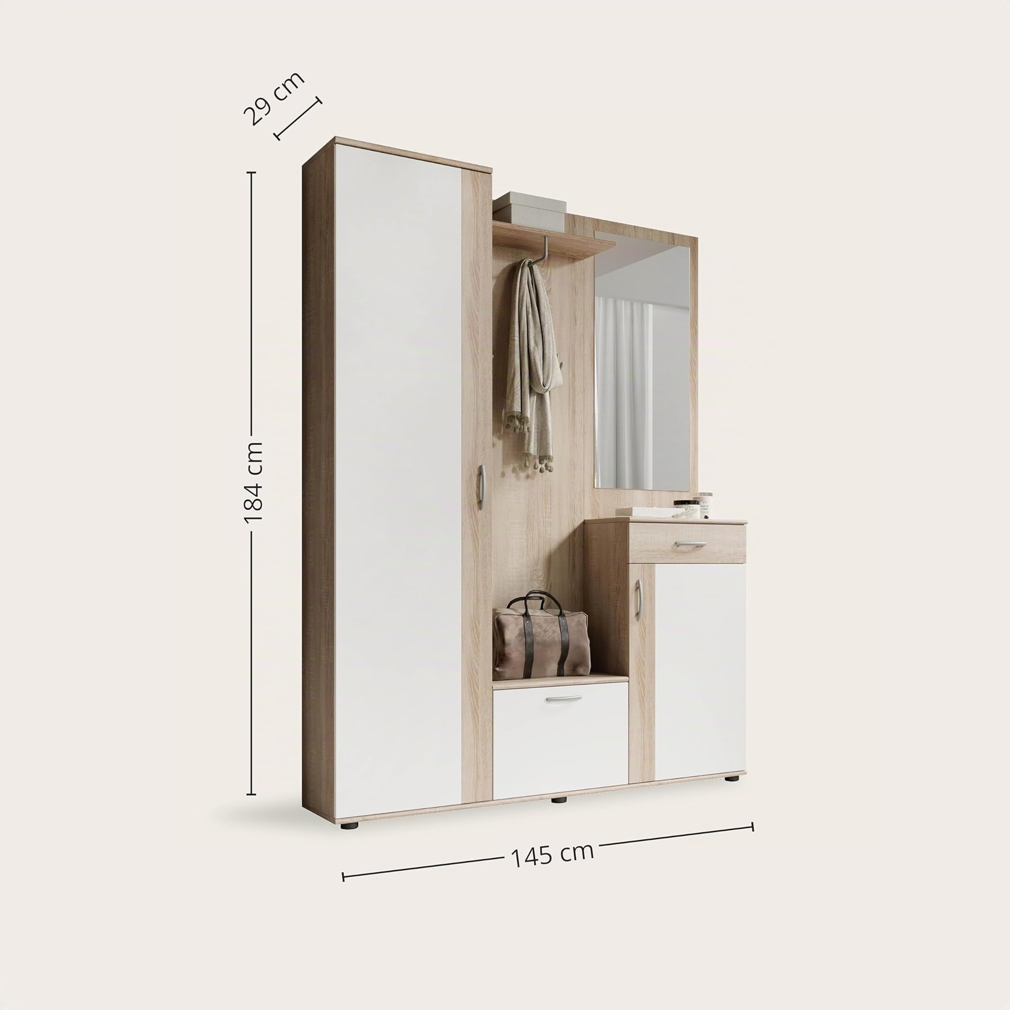 Stella Trading, PATENT Set mobili da ingresso in rovere sonoma, bianco, moderno con specchio, 145 x 184 x 29 cm
