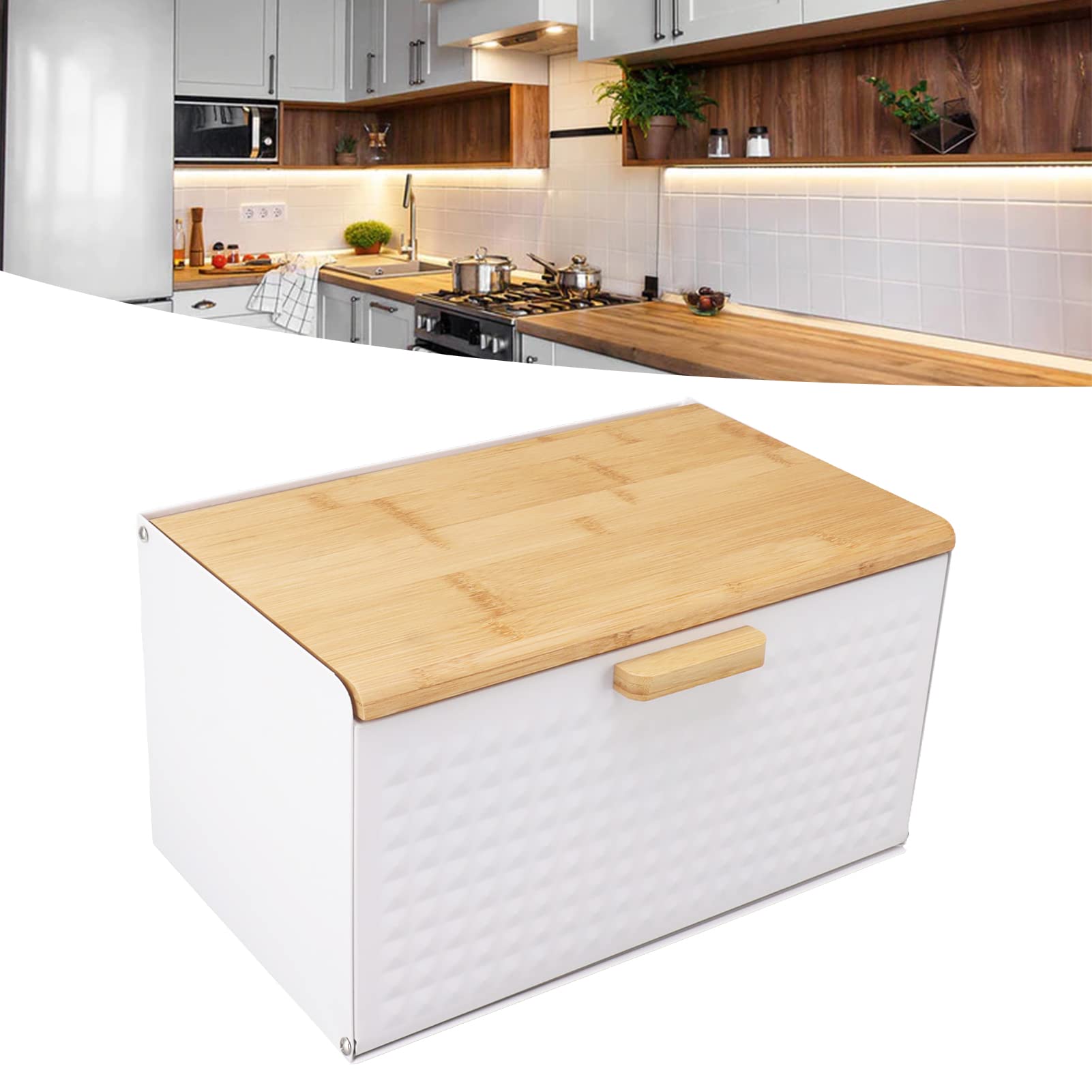 Cocoarm Skrzynka na Chleb Drewniana z żelazną ramą, Pojemna i Wytrzymała Organizator na Chleb na Blat Kuchenny, 35,5x21,5x20 Cm (WHITE)