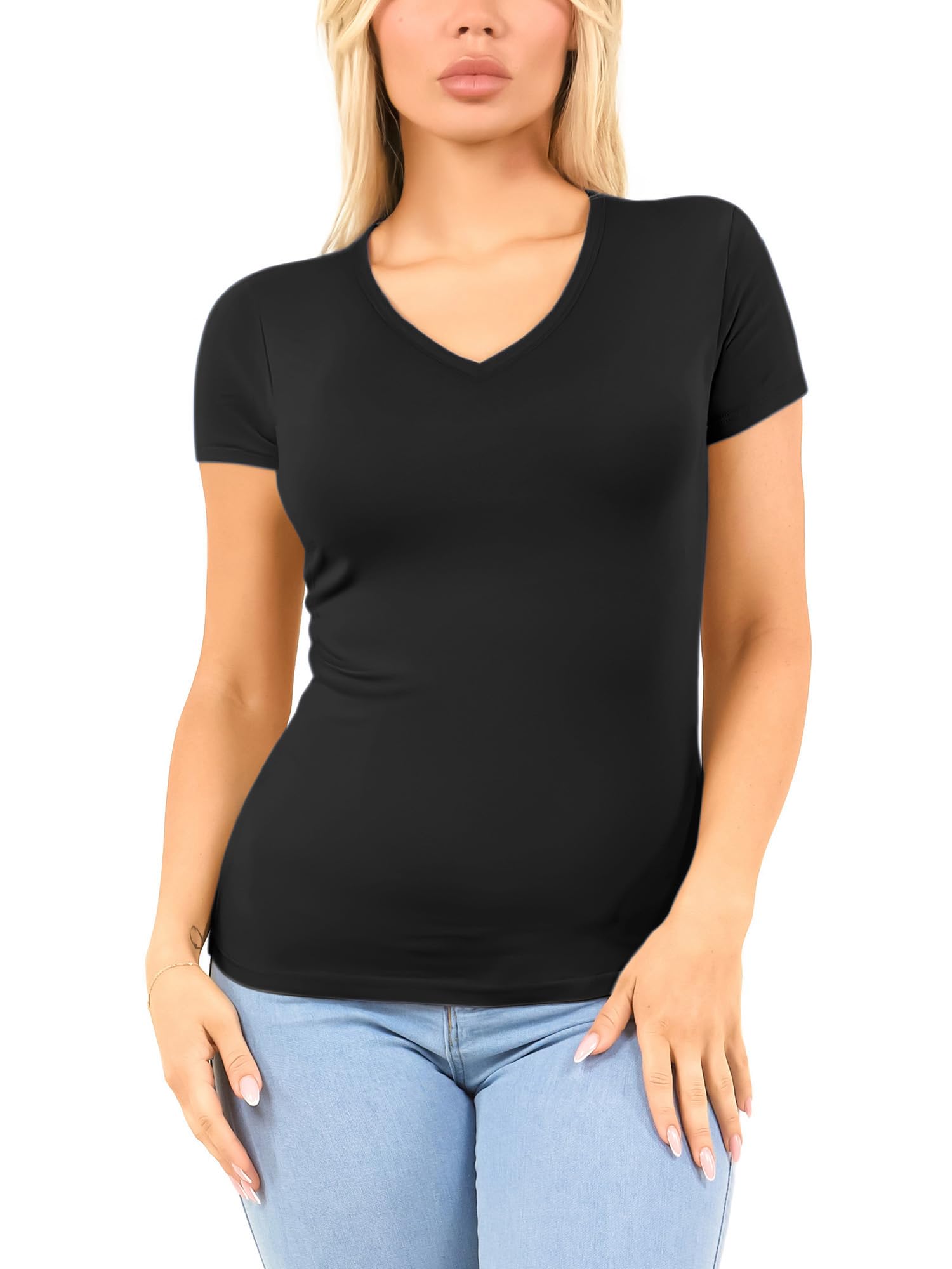 Camisetas de algodón con cuello en V para mujer, camiseta de manga corta, camisetas básicas con cuello en V, camisetas interiores para mujer, paquete múltiple, Paquete de 4 - 4 negro, 1X