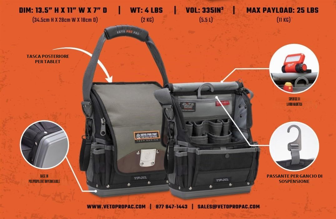 Veto Borsa Porta Utensili Professionale Pro Pac TP-XL con 23 Tasche Interne e 7 Esterne, Maniglia Ergonomica e Tracolla Imbottita, per Tecnici e Manutentori