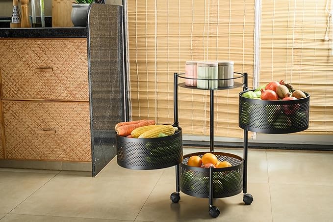 Image of KITCHIVO Kitchen Storage Rack | Revolving Vegetable Rack | Square Multipurpose Storage Trolley with Wheels | Metal Fruit Rack (Black Round, 3 Layer)