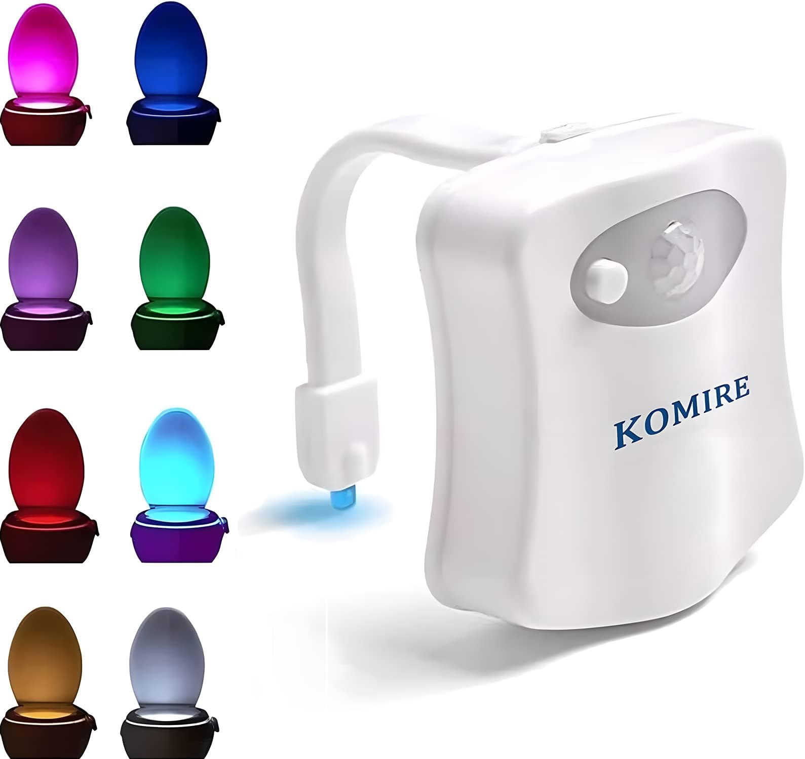 Komire Motion Sensor LED Toilet Night Light with 8-Color Changing, Battery Operated Waterproof Washroom Light