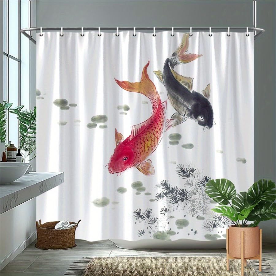 Traditioneller japanischer Duschvorhang mit Koi-Karpfen und Seerosen, wasserdichter Stoff-Badezimmervorhang, Badewannenabtrennung, Badewannendekoration (250 x 220 cm/B x H)