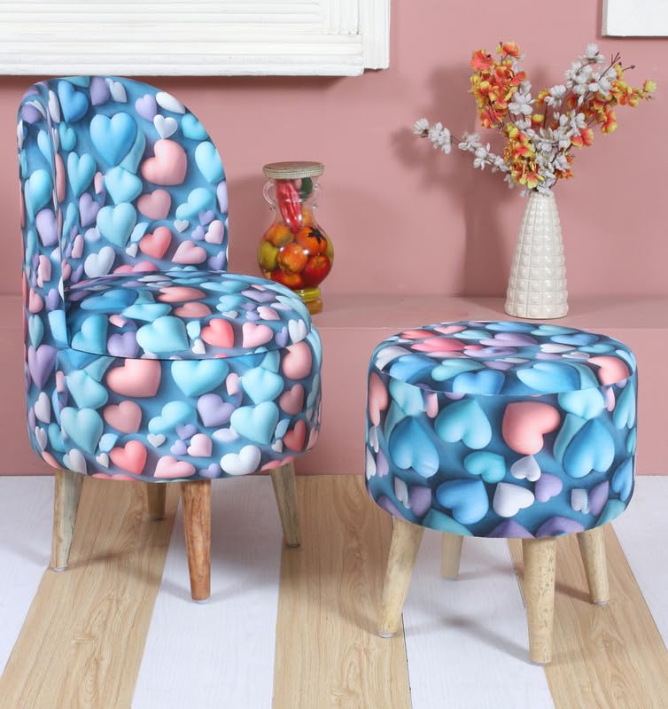 Image of Printed Ottoman Stool with Chair, Velvet Footrest Stool for Living Room, Wooden Legs Ottoman for Sofa & Living Room Decor, Chair (18 inchx32 inch), Puffy (16 inchx17 inch), Cmbo-Blue Heart
