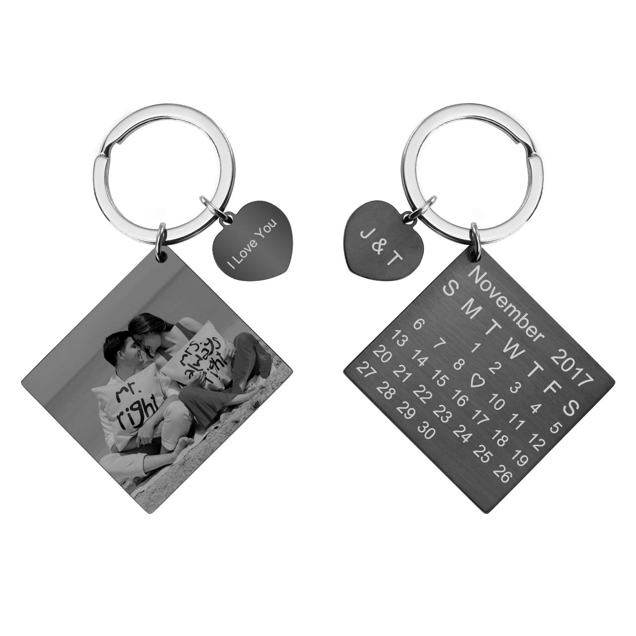 PiercingJ Personalized Custom Photo Picture Calendar Text Date Engraved Stainless Steel Heart Tag Pendant Keychain Key Ring Lovers Couples Valentine's Anniversary Birthday Gift