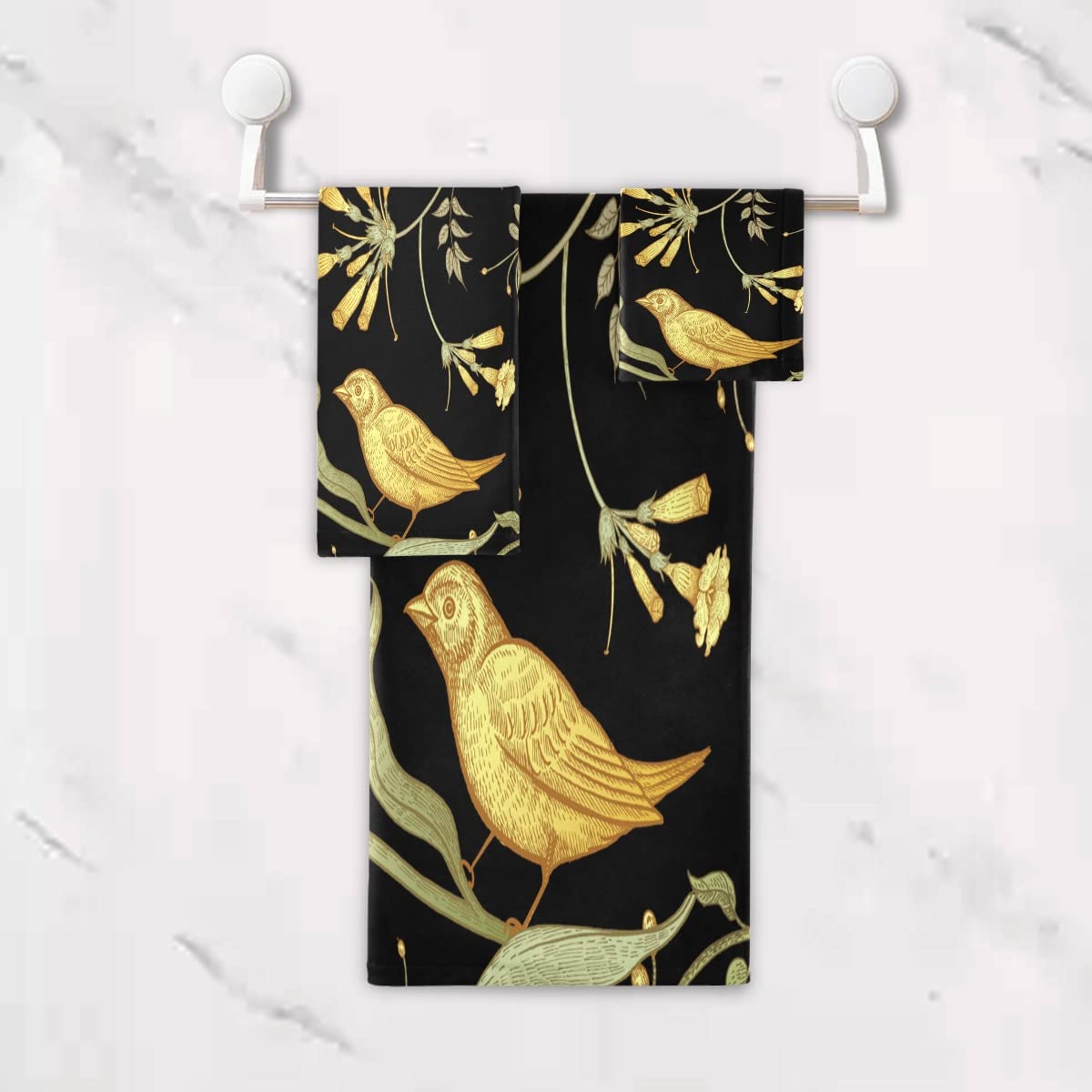 Vnurnrn Flor Amarilla Pájaro Dorado Juego de Toallas para Baño Playa Toalla (1 Toalla de Baño y 1 Toalla de Mano y 1 Paño de Lavado) para Nadar Niñas Niños