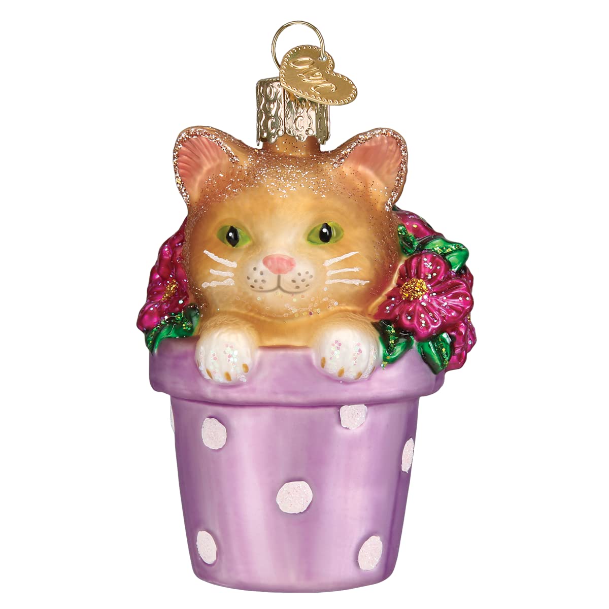 Old World Christmas Adorno de Gatito en Maceta de Vidrio soplado para árbol de Navidad