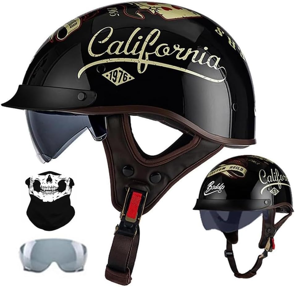 Casque jet demi-coque moto rétro avec lunettes pour scooter taille L