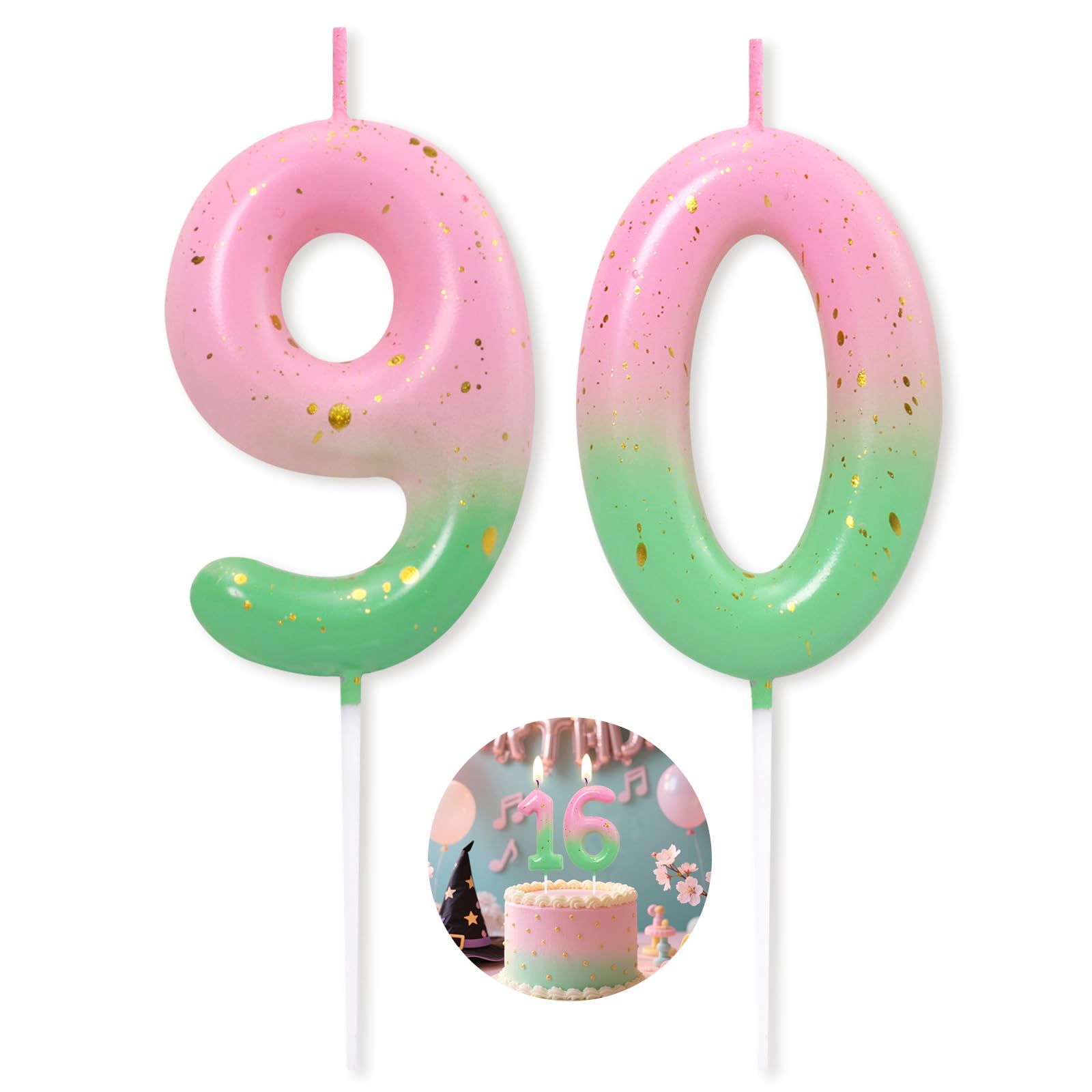 Pink Green Number 90 Candle Happy Birthday 3D Number Candles for Birthday Cake Party Decoration Wedding Anniversary Celebration Supplies
