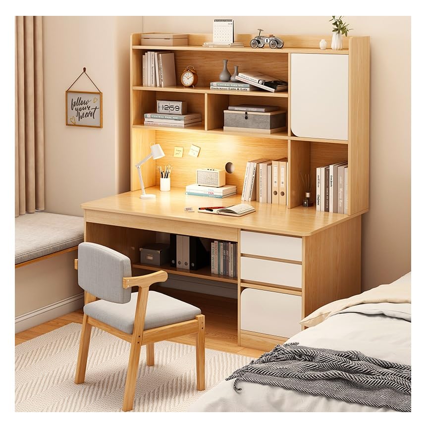 Study Desk with Drawers and Storage Shelves Wooden Computer Desk Home Office Desks Study Writing Gaming Table Laptop Workstation for Bedroom Home Office (Oak Color)