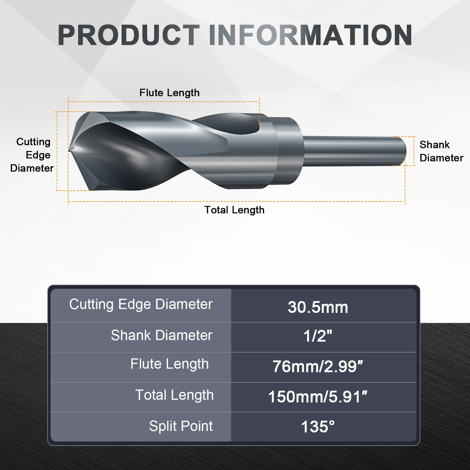 sourcing map Broca de 30,5 mm, vástago reducido de 1,27 cm, M2, acero de alta velocidad, nitruro, negro, brocas de 135° para metal duro, acero inoxidable, profesional