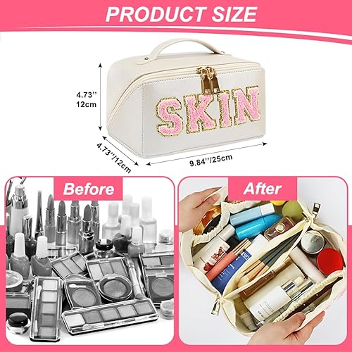 Miniatura 5 de besharppin Bolsa de cosméticos de viaje de gran capacidad, bolsa de maquillaje plana abierta de cuero sintético para mujer, bolsa de aseo con letras