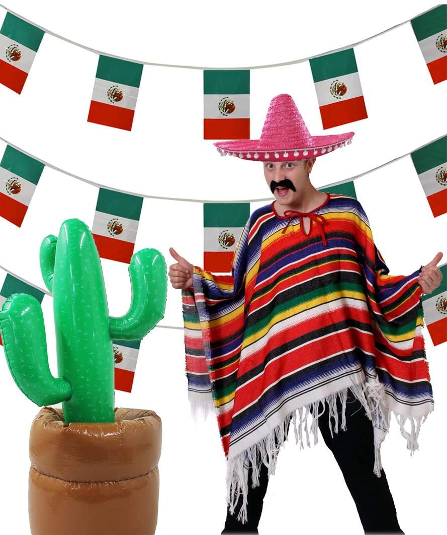 I LOVE FANCY DRESS LTD MEXICAN PARTY SET. PINK SOMBRERO + MULTICOLOURED PONCHO + MEXICAN FLAG BUNTING + INFLATABLE CACTUS. IDEAL FOR: CINCO DE MAYO | MARDI GRAS | MEXICAN THEMED EVENTS
