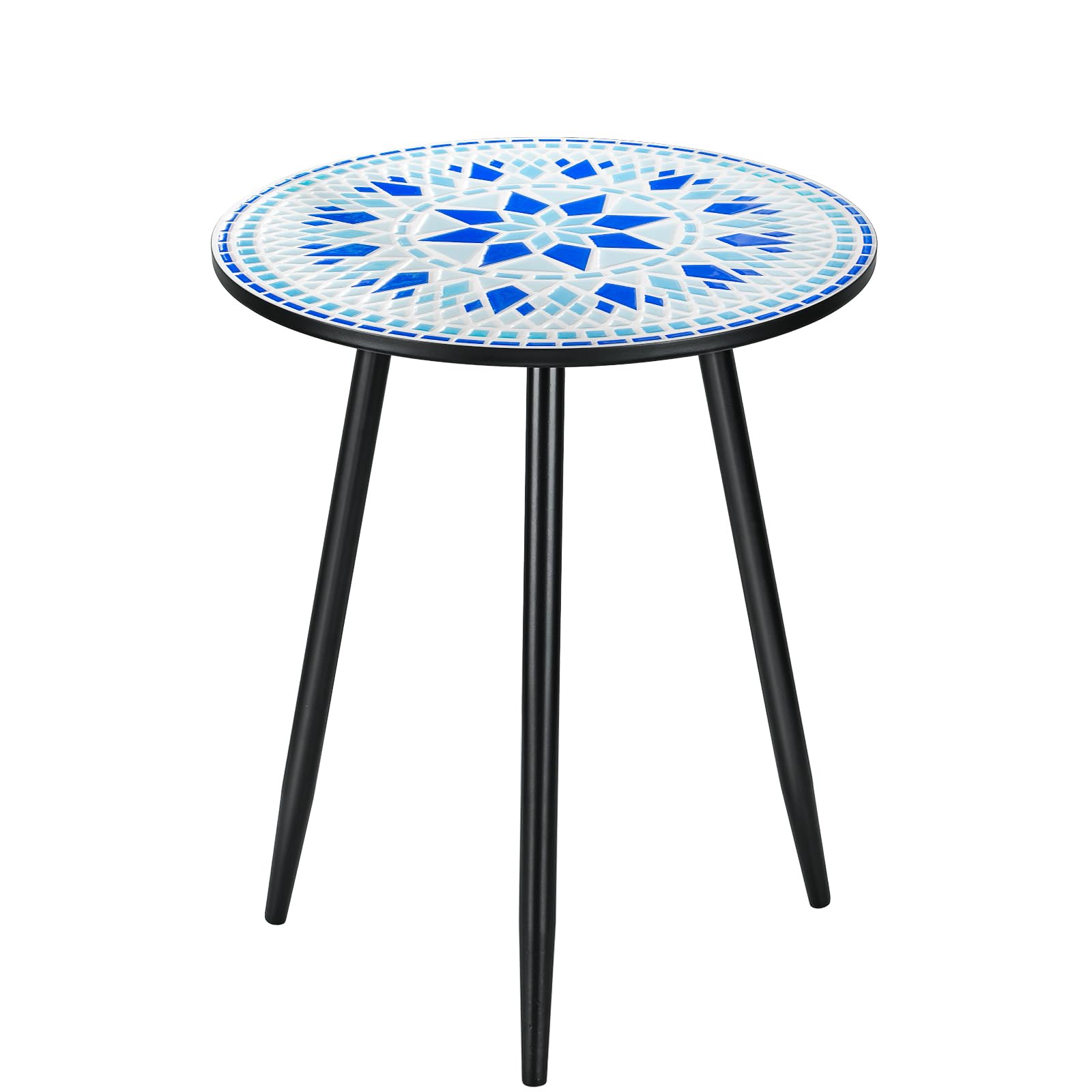 Round Accent End Table, 16" Unique Relief Ceramic Tile Table Top with Metal Structure