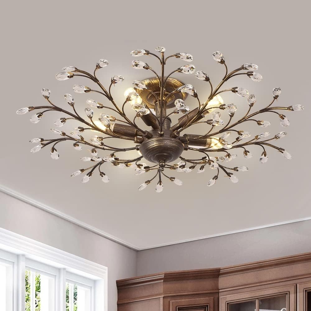 Stesulfr Ceiling lamp crystal chandelier restaurant decoration 5 lights vintage crystal Ceiling Light antique iron Ceiling Lighting suitable for island style living room bedroom corridor foyer