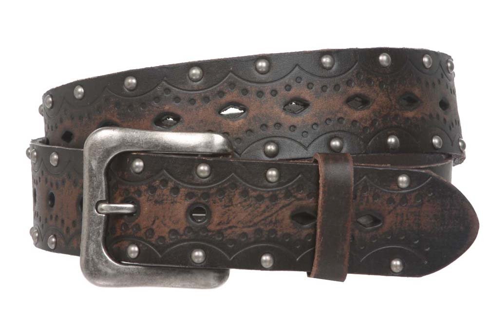 Photo 1 of 1 1/2" Snap on Perforated Studded Vintage Embossed Solid Leather Jean Belt, Brown | 32"