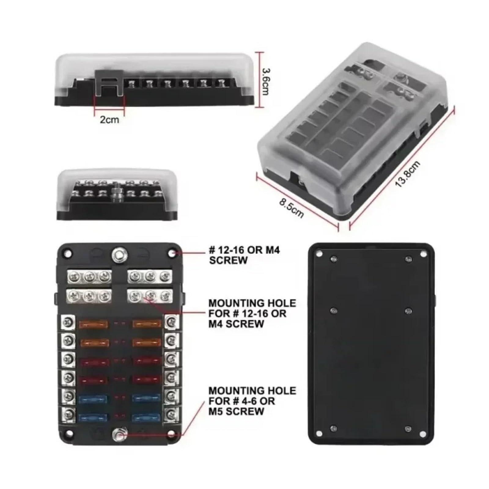 Portafusibles de cuchilla de 6/12 vías, 12-24 V, for coche, barco, con tapa de plástico for panel eléctrico, caravana, autocaravana, accesorio.
