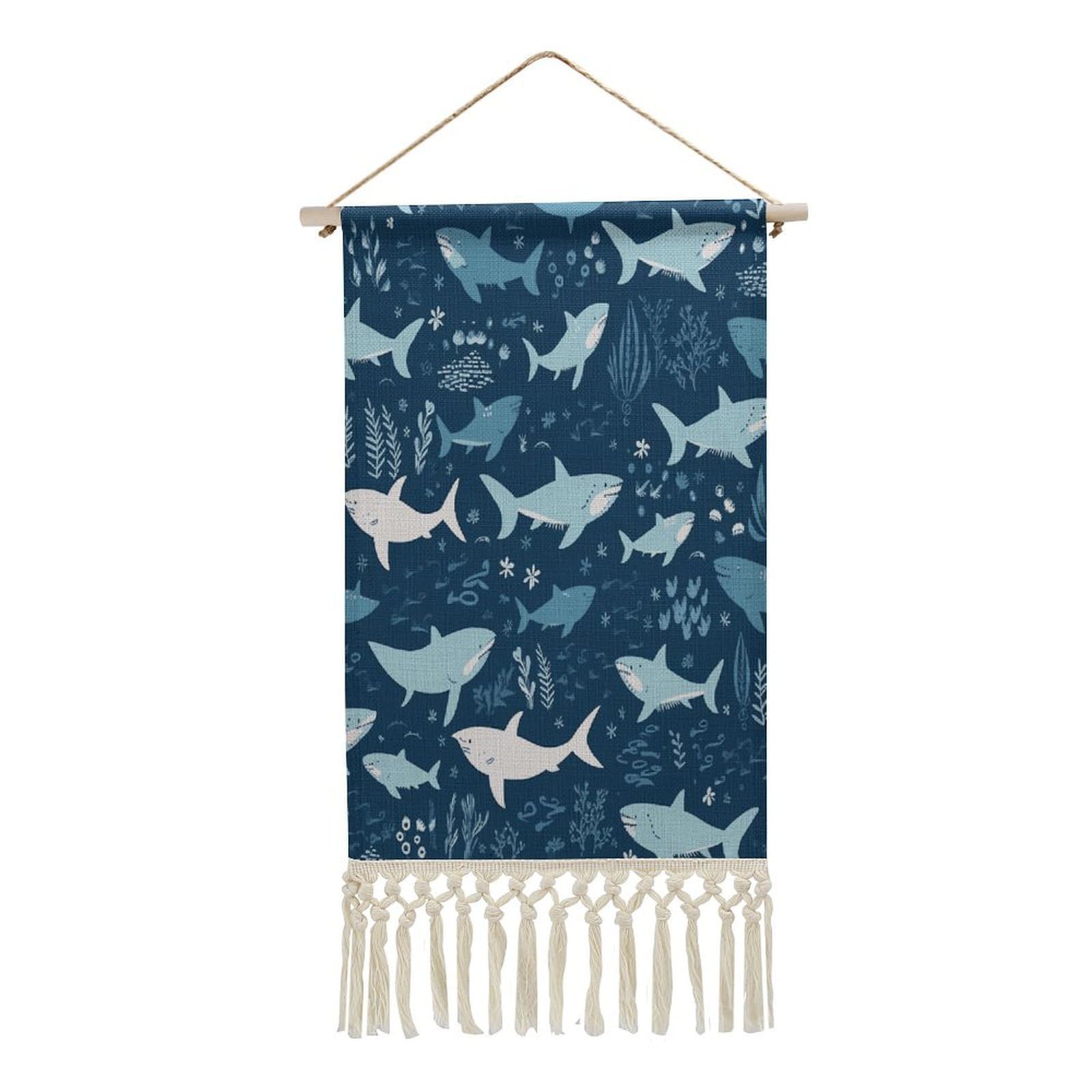 FekiLoot Sharks Wall Art Print Decor Art Tapestry with Tassel Cotton Linen Hanging Poster Vintage Aesthetic Wall Art Poster Rustic Wall Art Decor for Home Bedroom Living Room Office