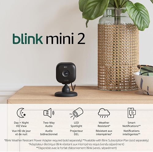 Blink Mini 2 — Plug-in smart security camera, HD night view in color, built-in spotlight, two-way audio, motion detection, Works with Alexa (Black)