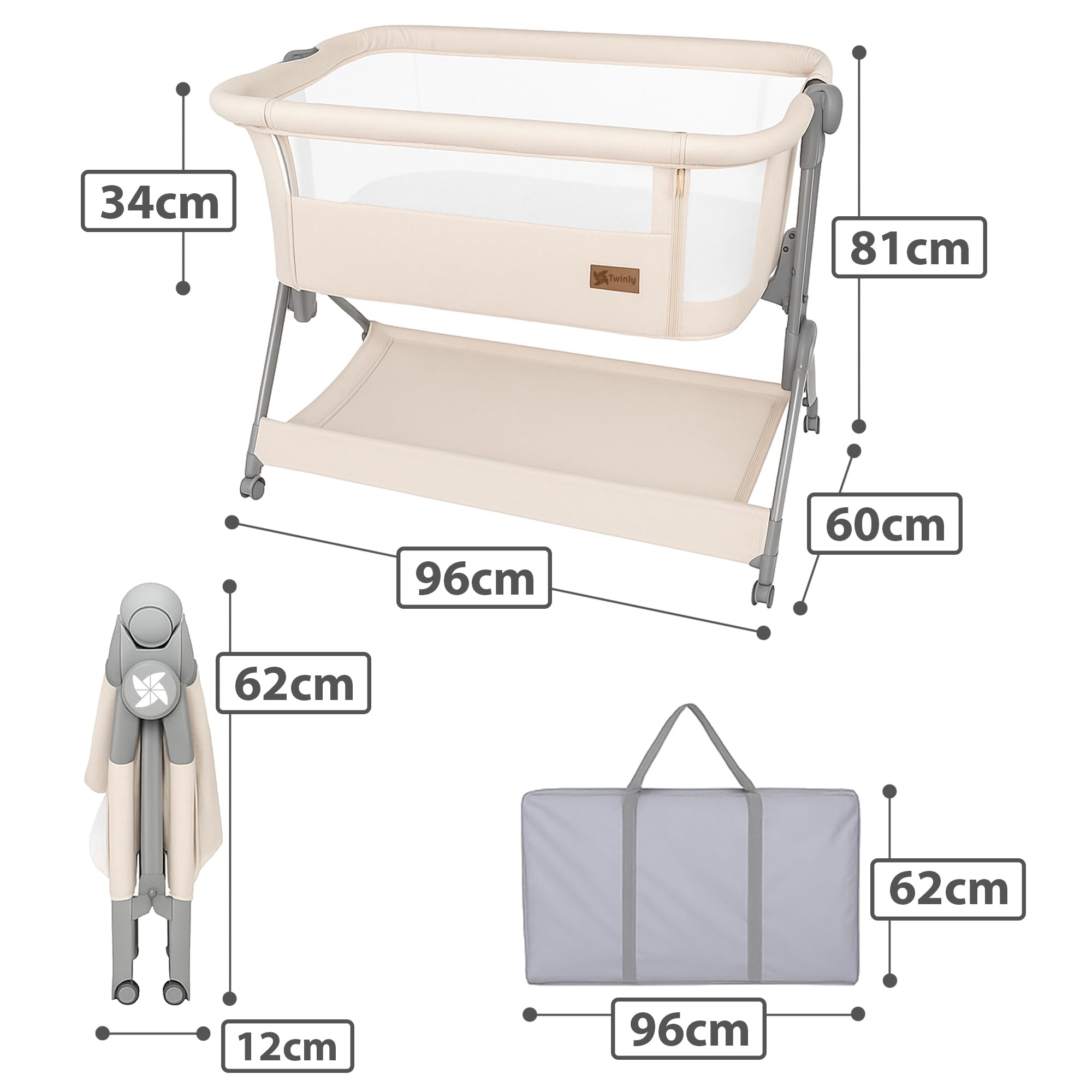 Berceau Cododo Comfortly avec roulettes Lit Parapluie Pliable Hauteur Réglable 5 Niveaux 9 kg Matelas Drap Sac Panier Couleur Bois