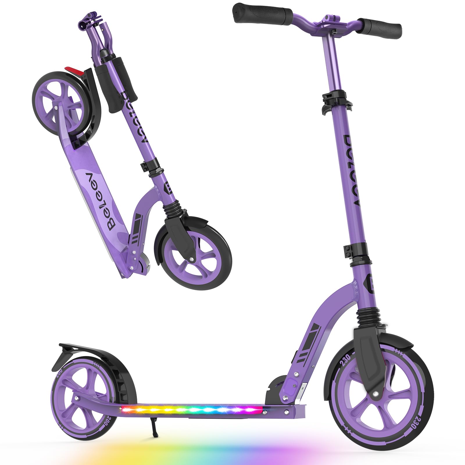 BELEEV V8 Scooters for Kids Ages 6+ with Light-Up Deck, 2 Wheel Folding Scooter for Adults Teens, 4 Adjustable Height, Lightweight Sport Commuter
