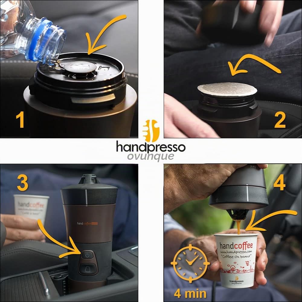 Handpresso – Caffettiere portatile 12V Handcoffee Auto 21000, macchina per caffè portatile a cialde Senseo per auto 12V. Caffettiere Senseo accendisigari per il viaggio, camper