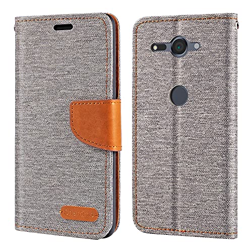 Étui Portefeuille en Tissu Oxford et Cuir PU Compatible avec Sony Xperia XZ2 Compact, Coque Robuste avec Rabat Magnétique et Fentes Cartes (Gris)