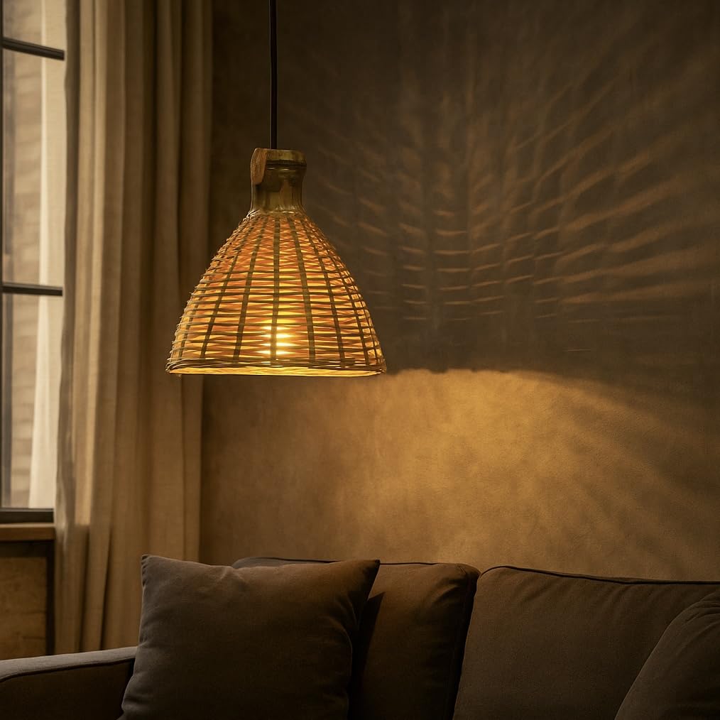 CreateYourTaste Handicraft Bamboo Cane Lamp Hanging Bamboo Lampshade for Home Interior Decor, Living Room, Restaurant Cafe lamp - with Wire & Holder - Small (Set of 1)