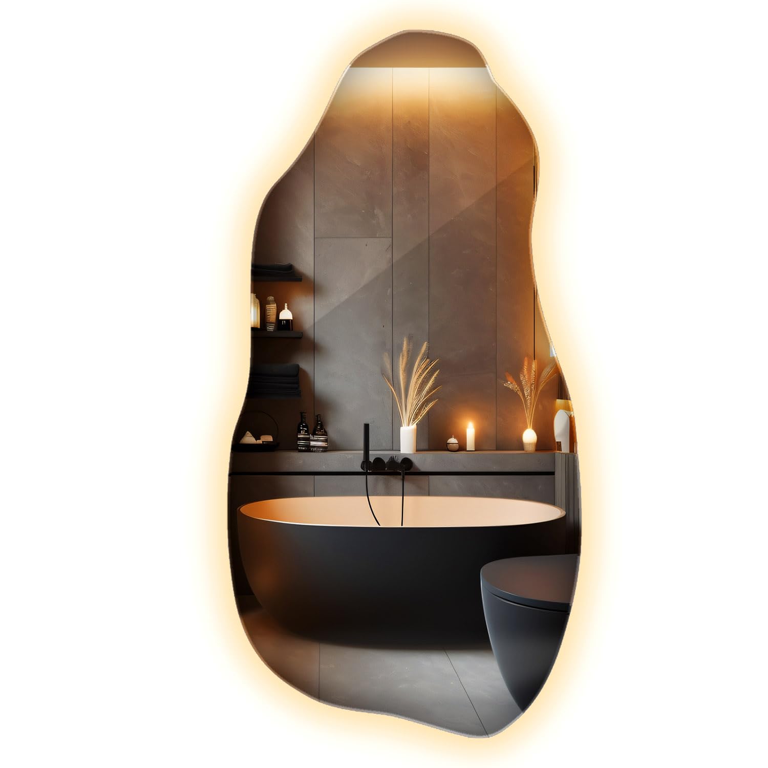 Miroir LED Grand 50x100 cm avec Lumière Chaude Forme Organique Irrégulière Ondulée Murale pour Salle de Bain, Salon, Chambre, Couloir Maquillage Décoratif Artistique