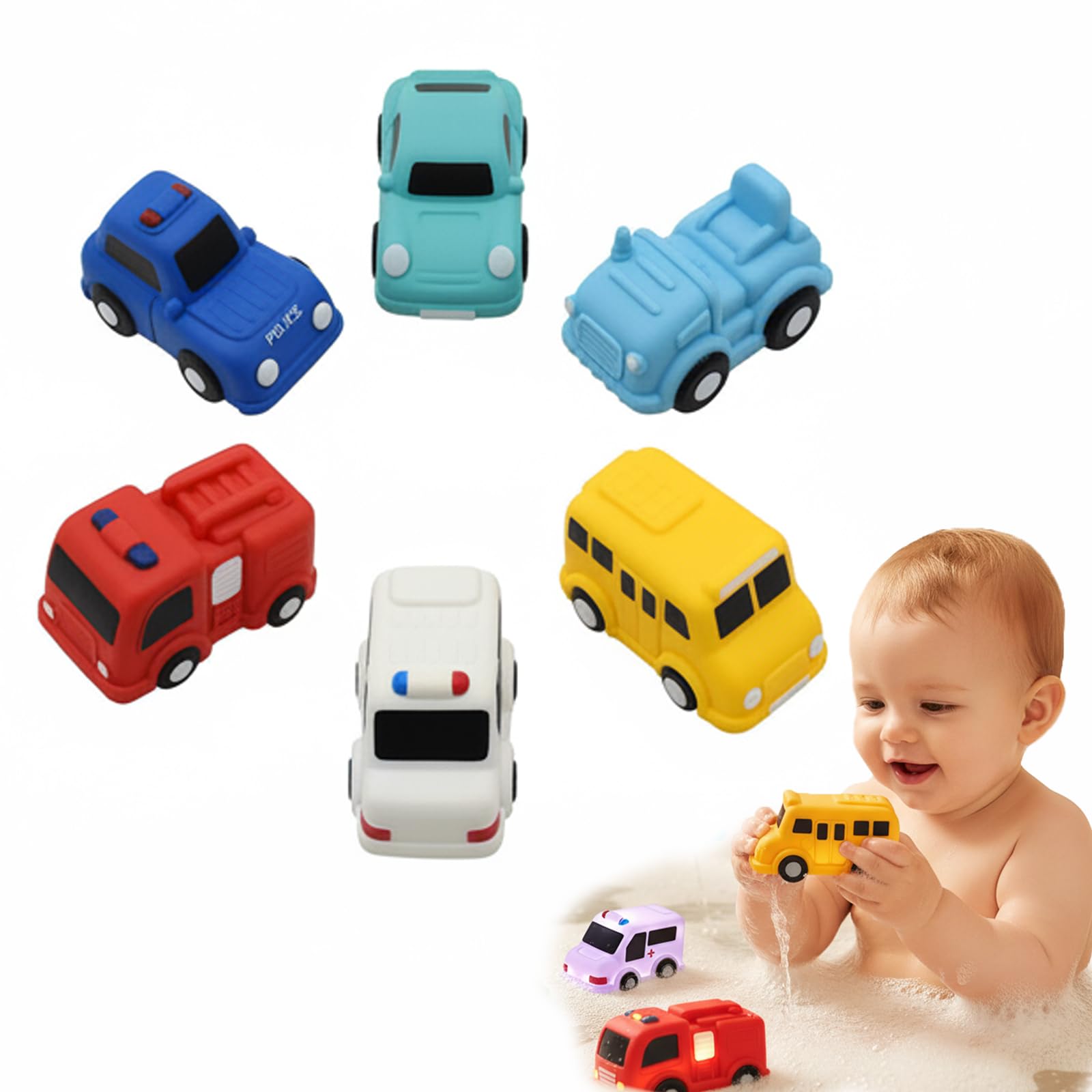 Car Bath Toys – 6 Pack Light Up Bath Toys, No Hole No Mould Baby Bath Toys, LED Flashing Water Sensor Cars for Toddlers 1-3, Sensory Bathtub Shower Pool Gift