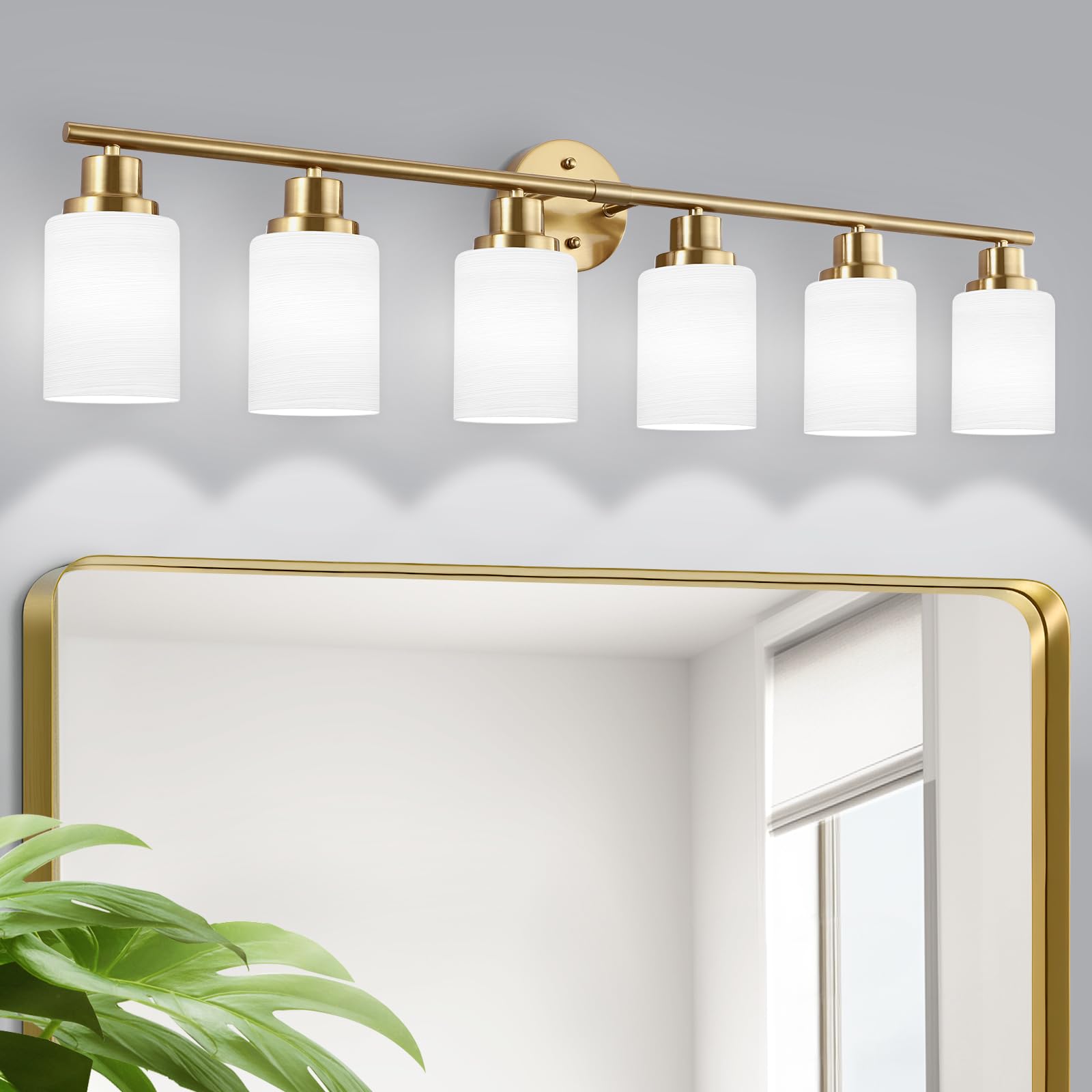 Guliaofo 6-Light Vanity Lights, Brushed Gold Bathroom Light Fixture with Striped Textured Milky White Glass Shade, E26 Wall Sconce, Modern Vanity