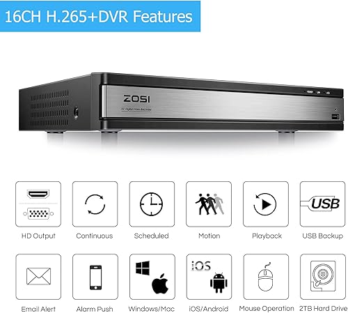 Miniatura 3 de ZOSI Sistema de cámara de seguridad de 16 canales 1080p, H.265+ 16 canales CCTV DVR con disco duro de 2 TB y 12 cámaras domo de vigilancia a la