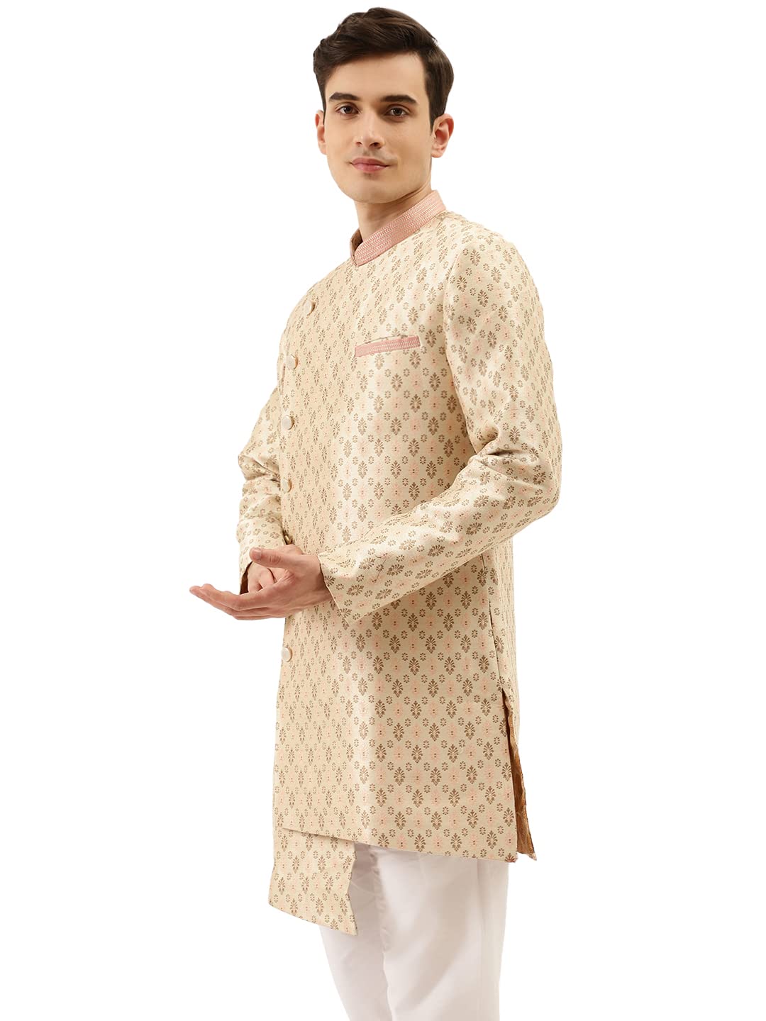 Manyavar Indowestern i Patiala zestaw dla mężczyzn, pełne rękawy, kołnierz mandarynki, mieszanka jedwabiu, Indowesten, 2-częściowy, beżowy