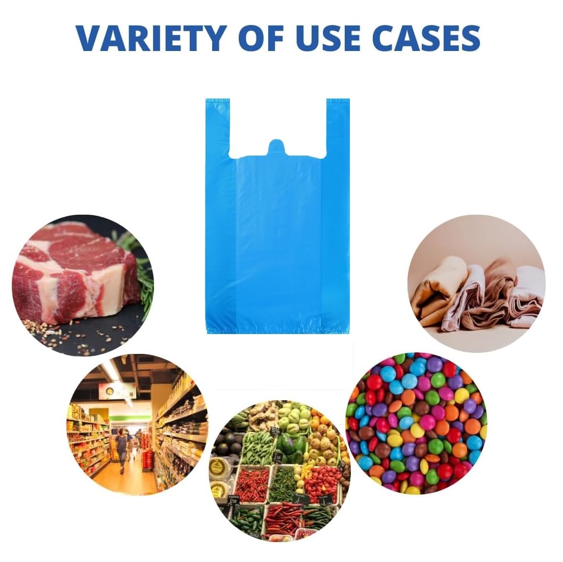 100 PCS BLUE (10X15X18 Inch) Bags, Trash Bag with Handles, T-Shirt Plastic Bags for Retail Groceries, Merchandise - Image 4
