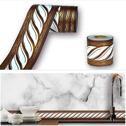 Y015 - Papel tapiz para despegar y pegar, color marrónblanco, extraíble, autoadhesivo abstracto, damasco, borde decorativo para decoración del