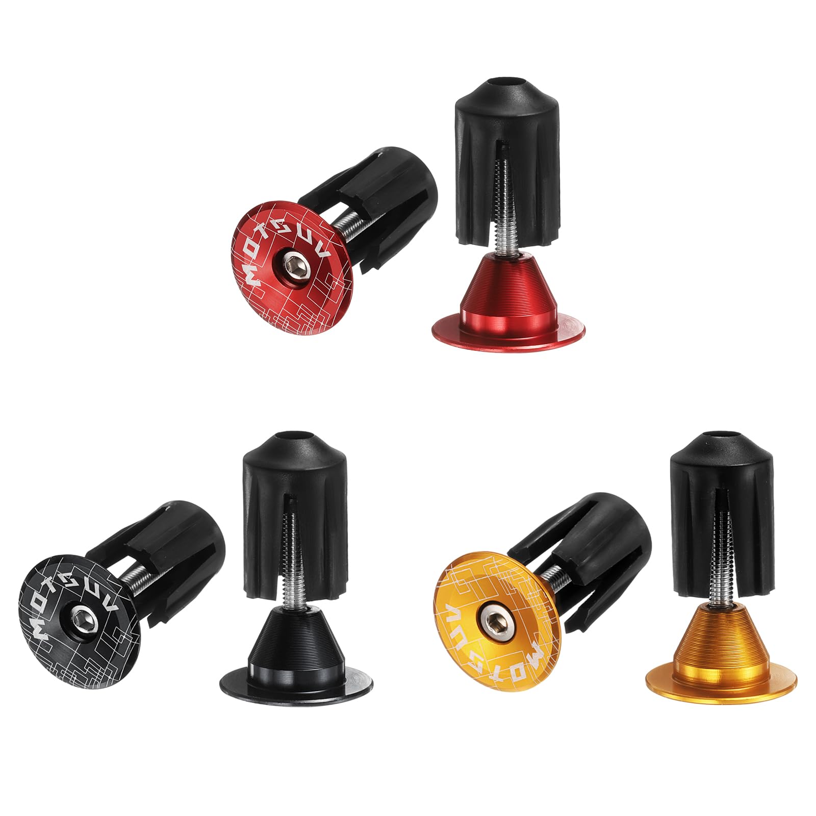 sourcing map 3Pair Bar End Plugs Aluminum Handlebar End Caps Bike Plugs 0.7oz Expanding Locking for MTB Road BMX Fixed Gear Bike, Yellow Red Black