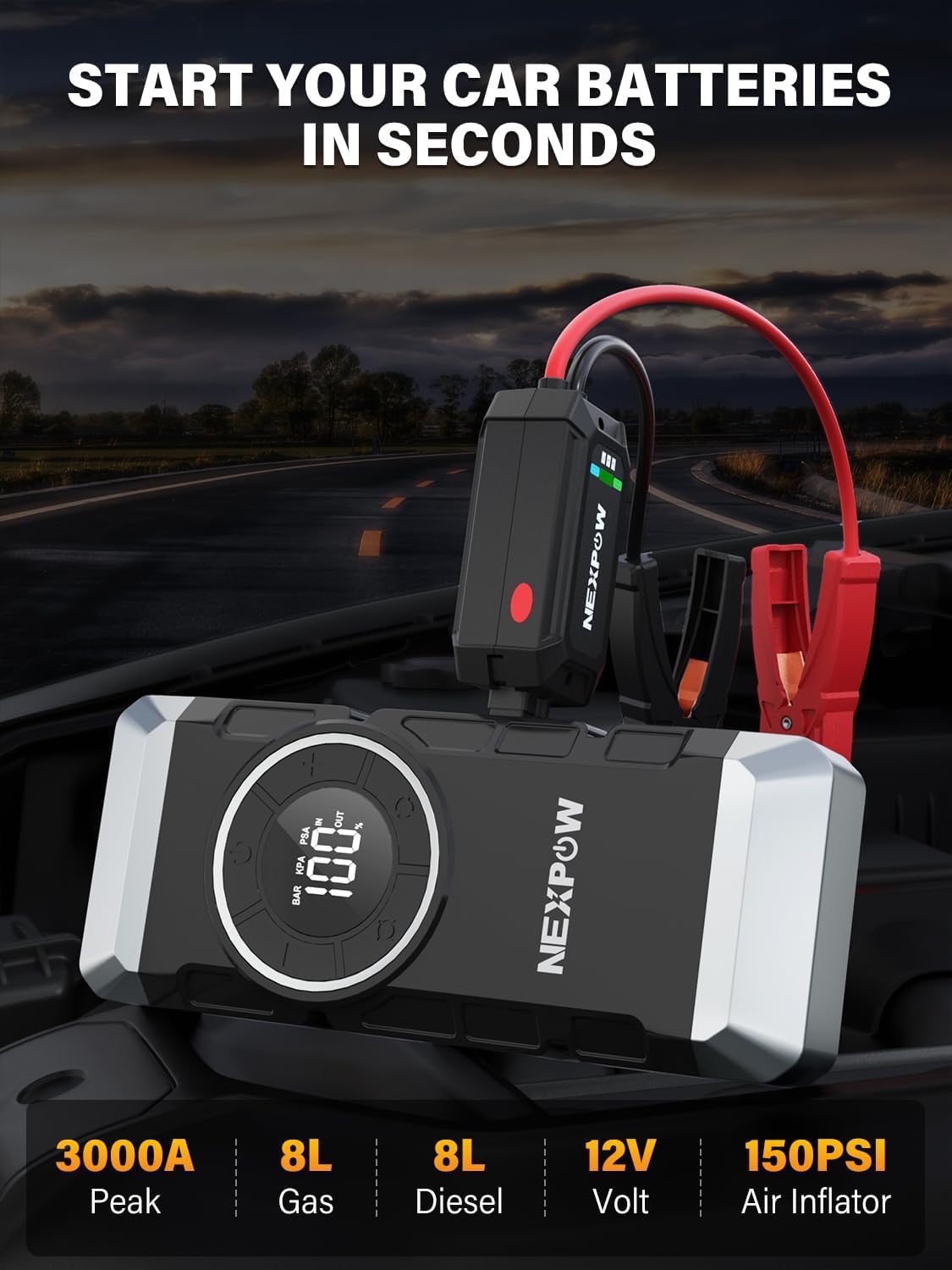 NEXPOW X7 Jump Starter held in hand, illustrating its three light modes: Lighting, Flashlight Strobe, and SOS.