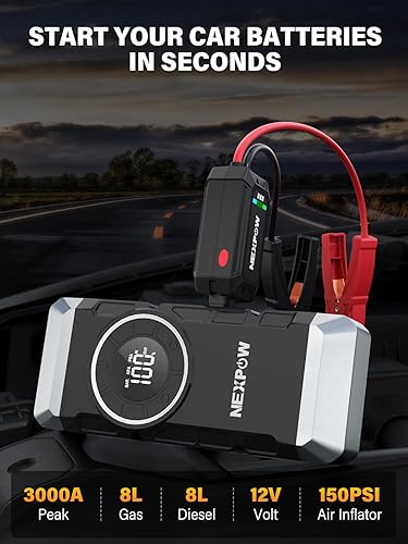 Miniatura 2 de NEXPOW Arrancador de batería de coche de 3000 A pico con compresor de aire, caja de arranque portátil de 12 V 150 PSI para motor diésel de hasta 8L