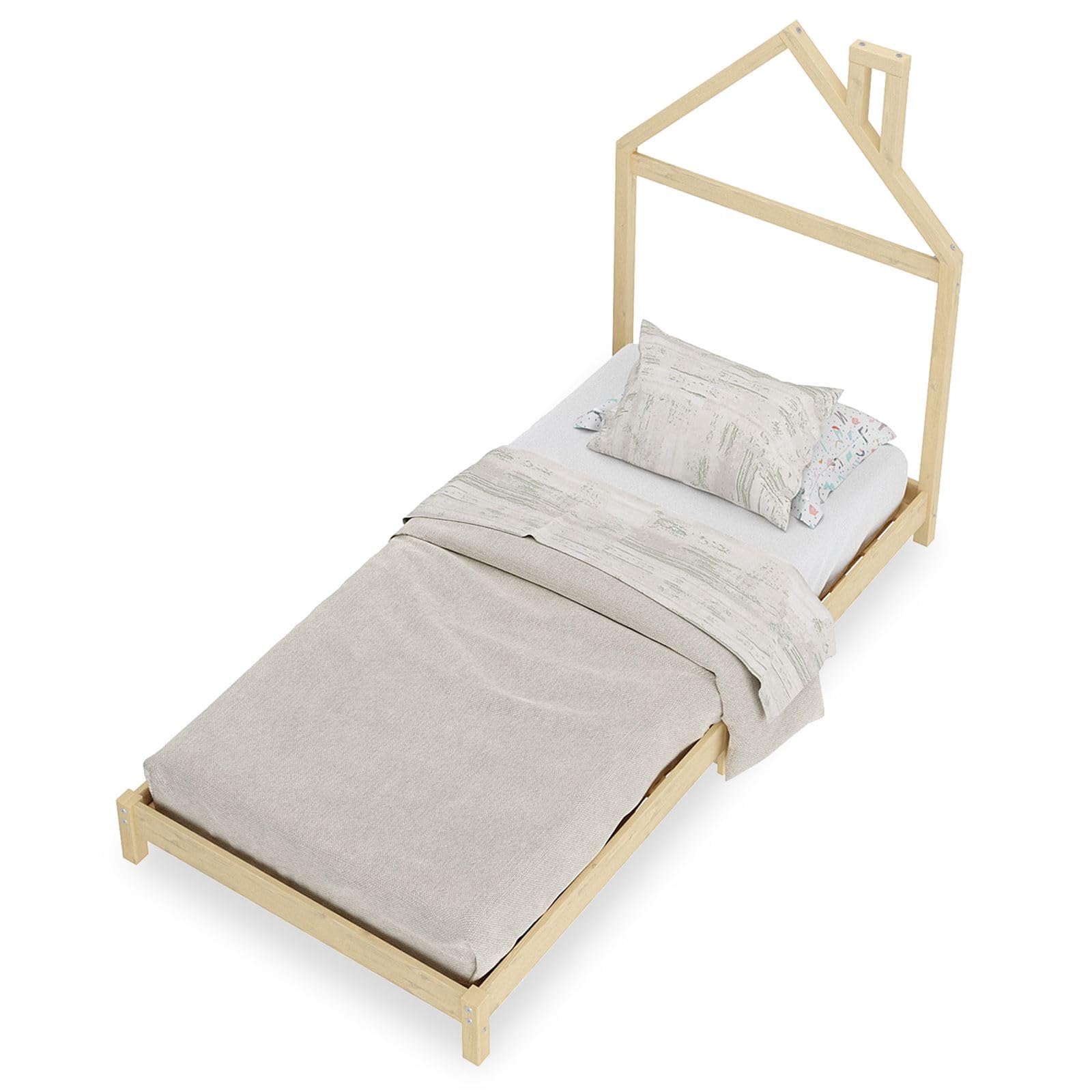 IDIMEX Kinderbett Liz 90x200 cm in Hausoptik aus Massivholz Natur - Bodenbett für einfaches EIN- und Aussteigen, Montessori Kinderzimmer
