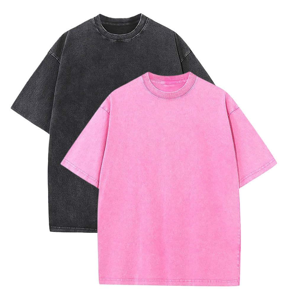 Botong Oversized Workout Shirts for Women Vintage Heavyweight T Shirts for Men Casual Loose Pump Covers Gym Black+Pink 3XL