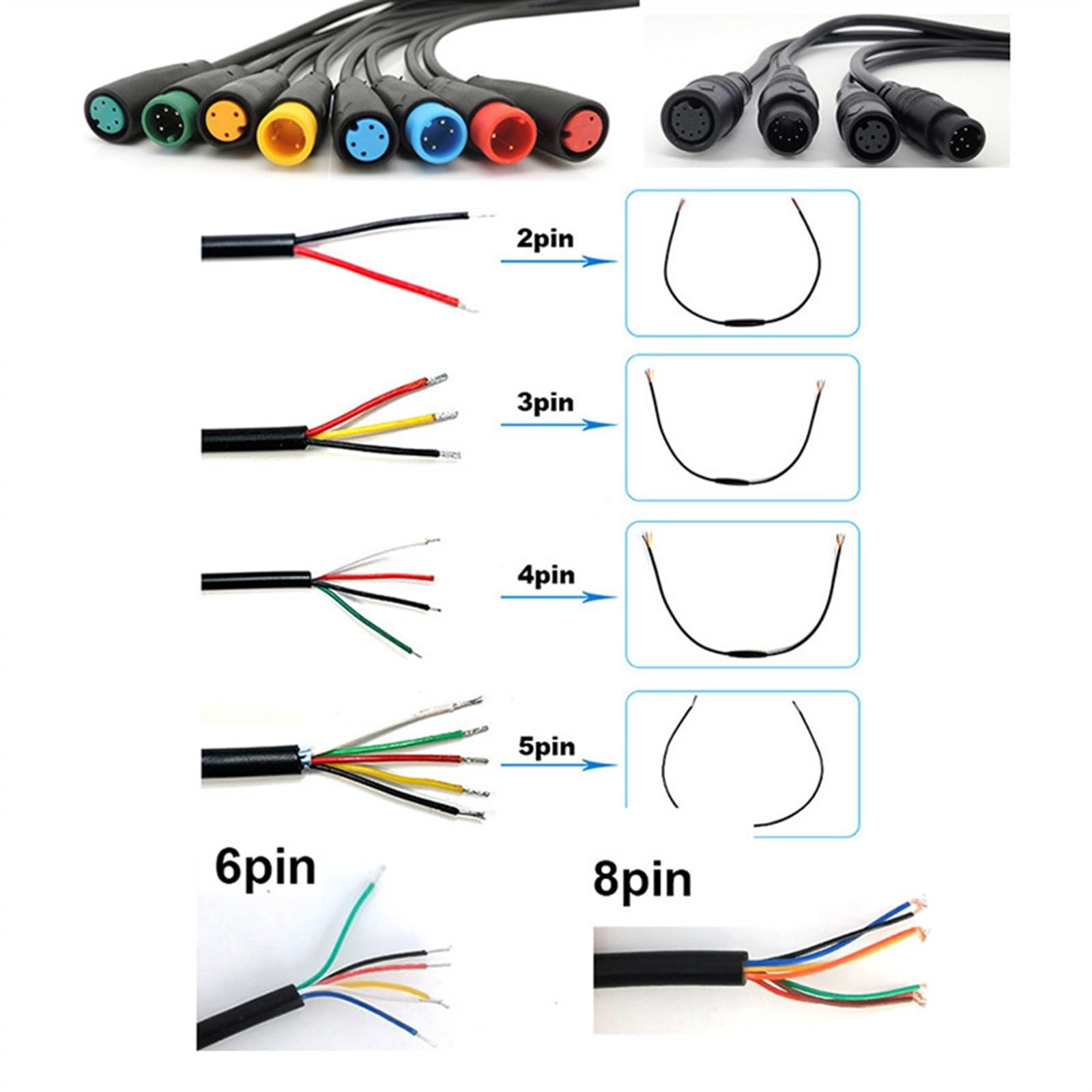 WUZDPRCJ 1m M8 Waterproof 2 3 4 5 6 8 Pin Electric Bicycle Joint DC Male Female Connector Scooter Brake Cable Signal Sensor(4 Pair,2P)