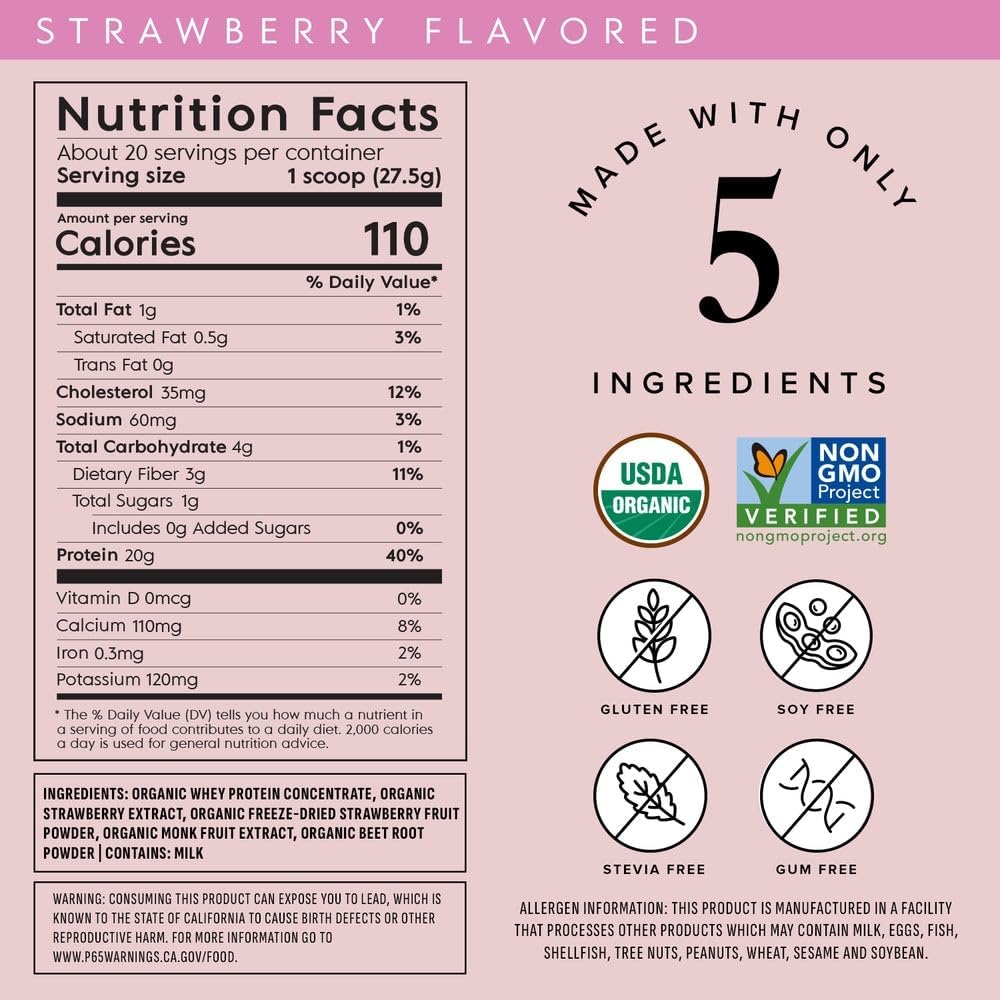 Truvani Organic Whey Protein Powder | Strawberry | 20g Grass Fed Whey Protein | 20 Servings | USDA Organic & Non-GMO | Gluten Free | No Gums, No Soy, No Stevia, No Added Sugars