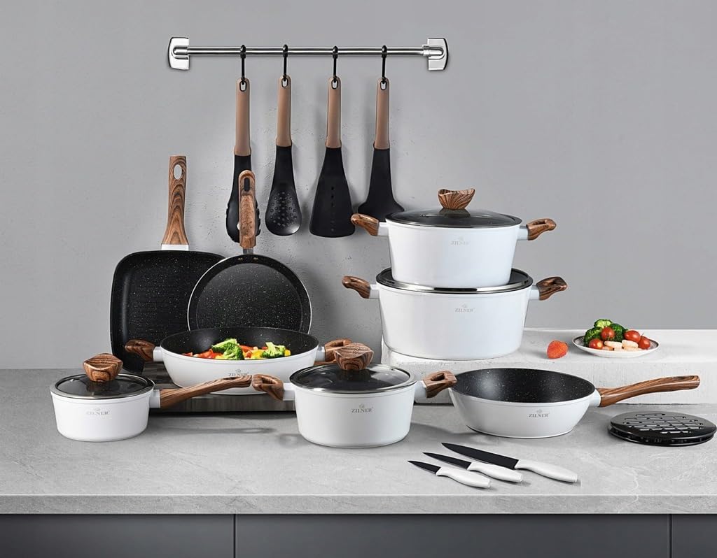 Lot de 21 Casseroles, Revêtement Marbré, Couvercles en Verre, Blanc | Compatible tous feux dont induction, antiadhésif céramique effet marbré, set complet poêles et ustensiles de cuisine